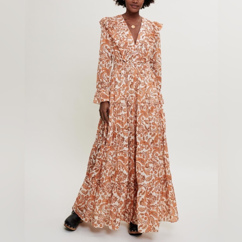 Maje Cotton Dress Medium EU 40 Orange Ruffle Maxi V Neck Floral Paisley Tiered
